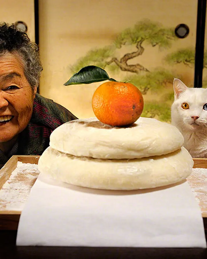 Femme âgée aux cheveux gris bouclés, souriant largement, assise près d'une table avec un gâteau traditionnel et une orange, accompagnée d'un chat blanc à yeux hétérochromes, dans un cadre japonais.
